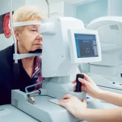 Starsza pani przechodzi badanie pola widzenia u okulisty. Aparatura diagnostyczna jest nowoczesna.