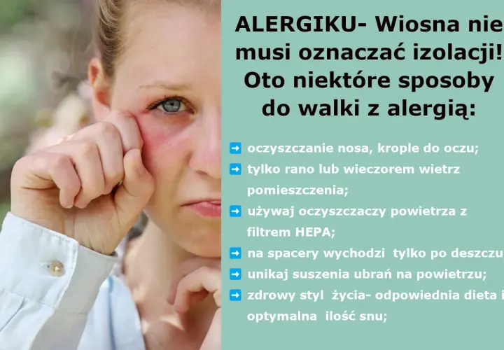 Dziewczyna z zaczerwienionym okiem, cierpiąca na alergię. Wiosną kwiecień pyli, ale można walczyć z alergią.