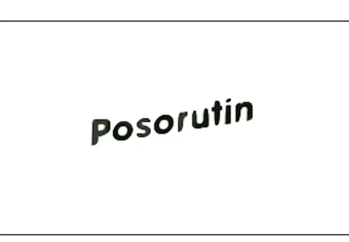 Napis "Posorutin" w kolorze czarnym, lekko pochylony, na białym tle.